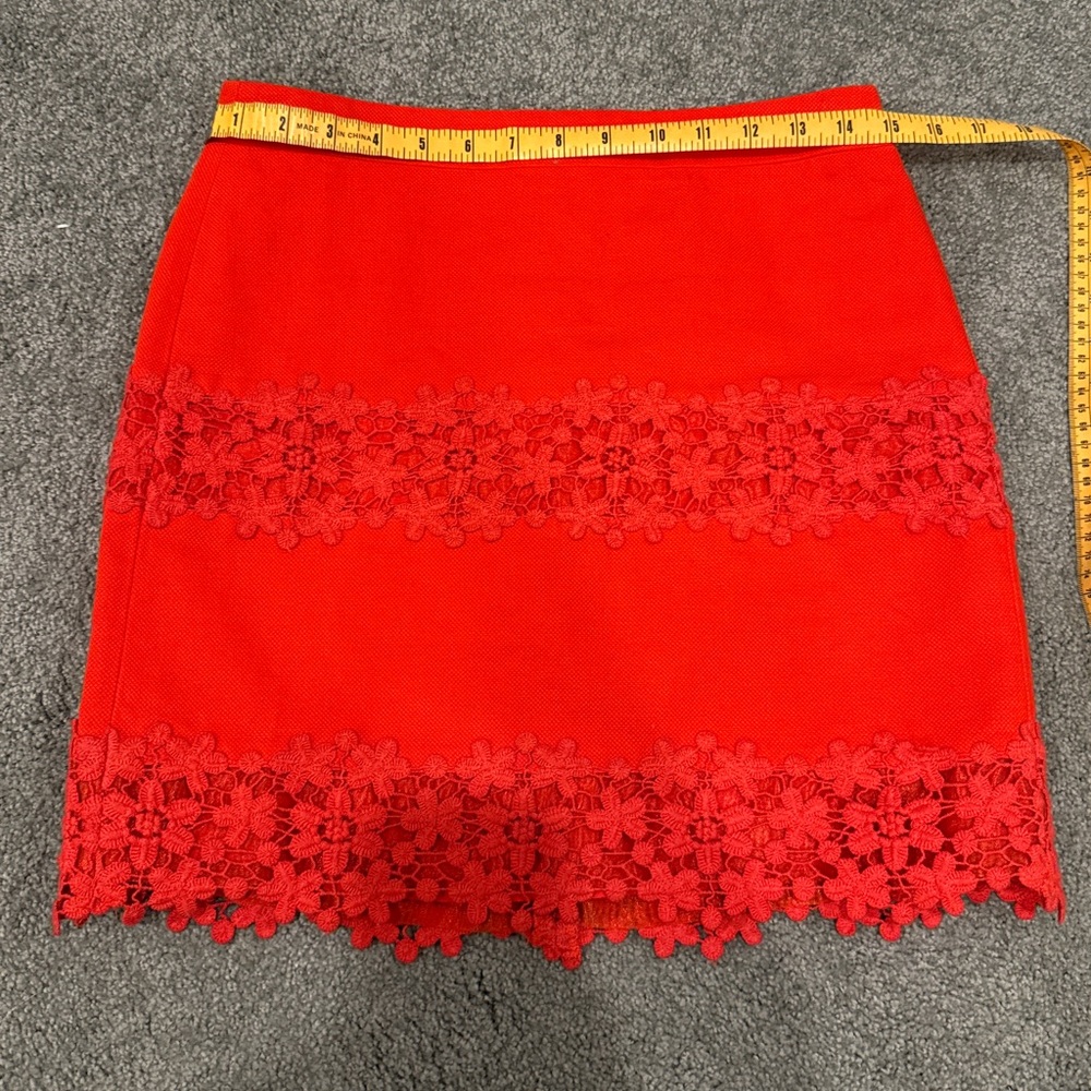 J. Crew red cotton floral scalloped lace mini skirt, size 0